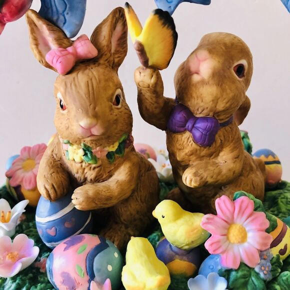 Porcelain Bunny In A Easter Egg Basket Rabbit Chickens Eggs, Flowers 9" Tall - Picture 7 of 12